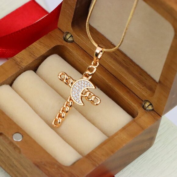 "Rose Gold Chain Cross Pendant with CZ Crescent Accent, XPPT1263 - Picture 10 of 13